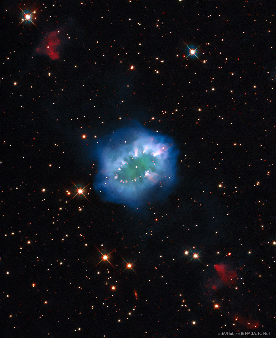 A picture of the Necklace Nebula showing a ring of jets, as taken by the Hubble Space Telescope. Please see the explanation for more detailed information.
