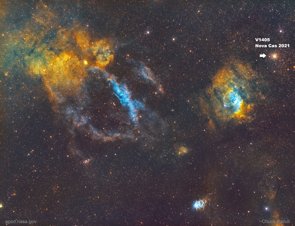 Długo naświetlane zdjęcie gwiazdozbioru Kasjopei, ukazujące nową V1405 Cas
w marcu 2021 r. Przyczytaj opis, by dowiedzieć się więcej
