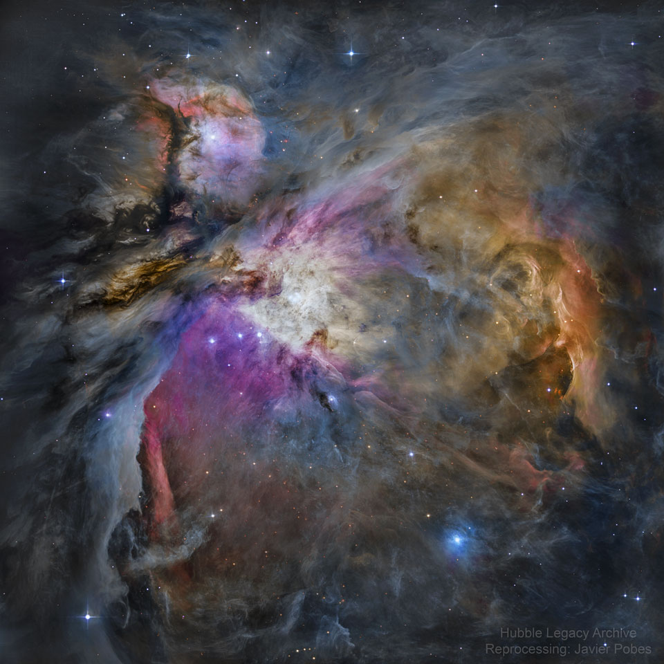 The picture shows the interior of the Orion Nebula as imaged by
the Hubble Space Telescope.
Please see the explanation for more detailed information.