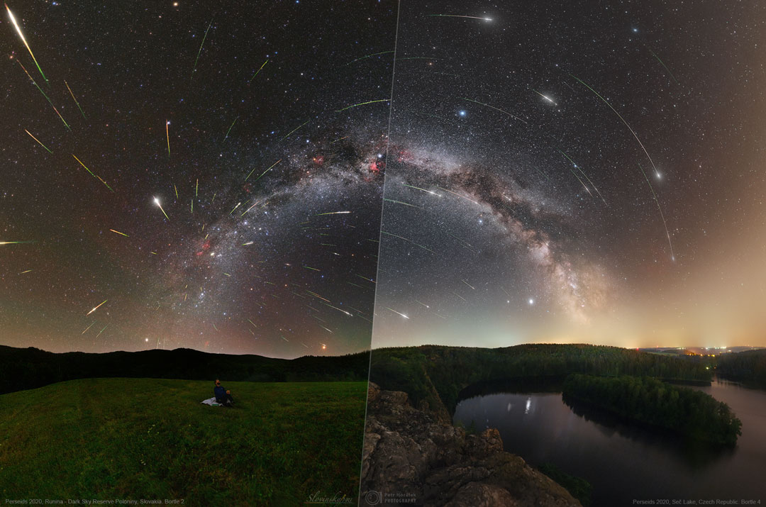 Kadr pokazuje podzielone zdjęcie roju Perseidów w 2020 r. Zdjęcie po lewej
wykonano z ciemniejszego miejsca i pokazuje ono więcej meteorów, niż to po prawej. 
Zobacz opis. Po kliknięciu na obrazek załaduje się wersja
 o największej dostępnej rozdzielczości.