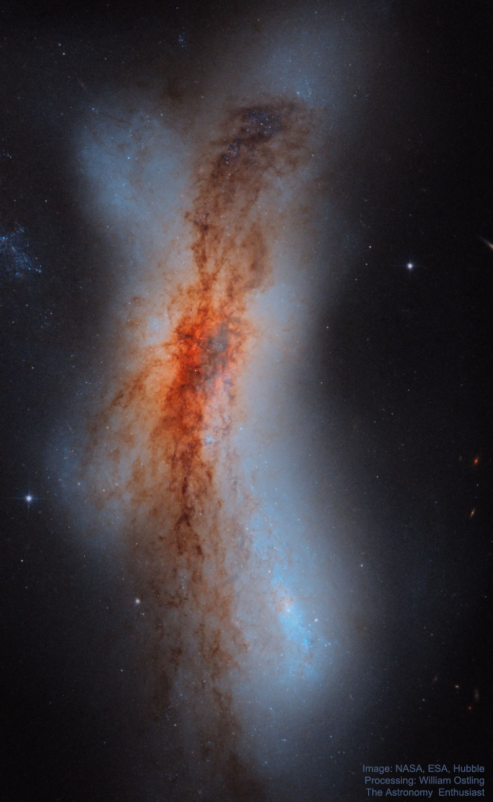 Zdjęcie przedstawia zderzające się galaktyki NGC 520 widoczne na obrazie z Kosmicznego Teleskopu Hubble'a.
Więcej szczegółowych informacji w opisie poniżej.