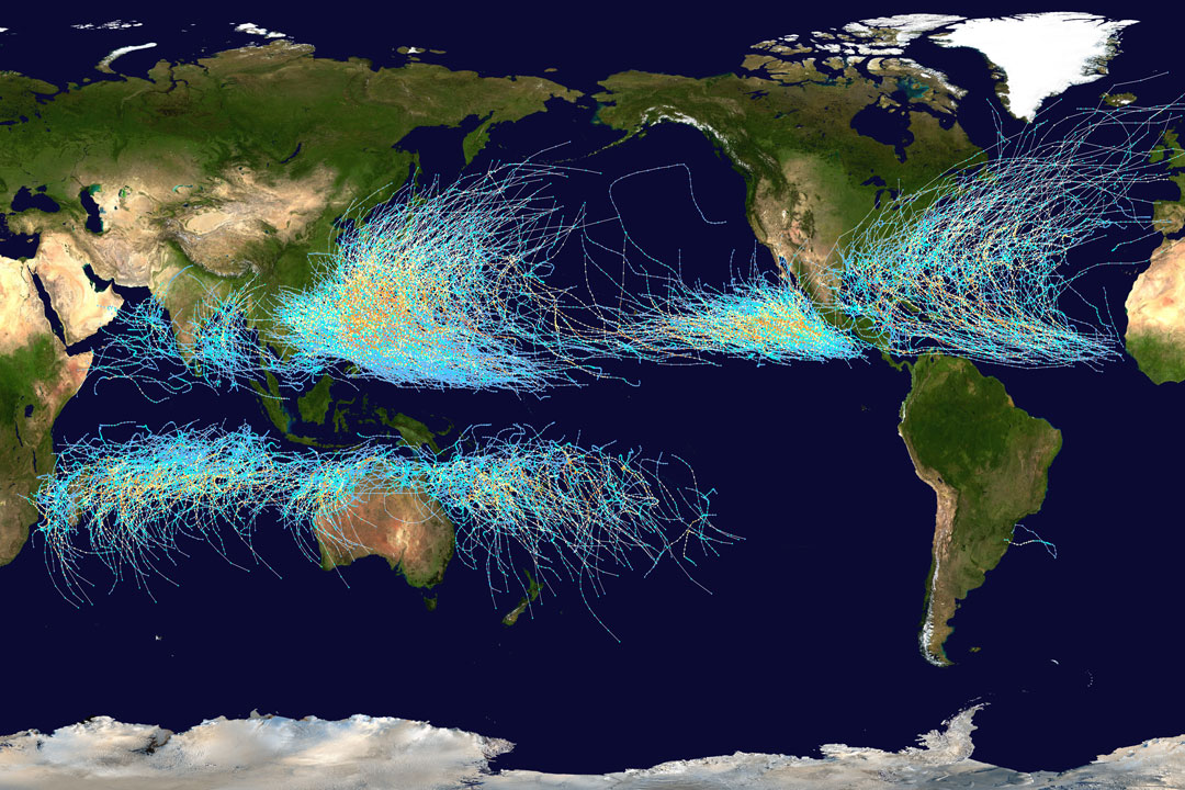 The picture shows a the paths of tropical storms
across Earth from 1985 to 2005. 
Please see the explanation for more detailed information.