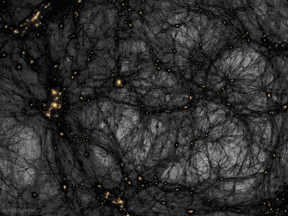 Obraz przedstawia komputerową symulację rozkładu materii we wszechświecie jako ciemny kolor na jasnym tle.
Więcej szczegółowych informacji w opisie poniżej.