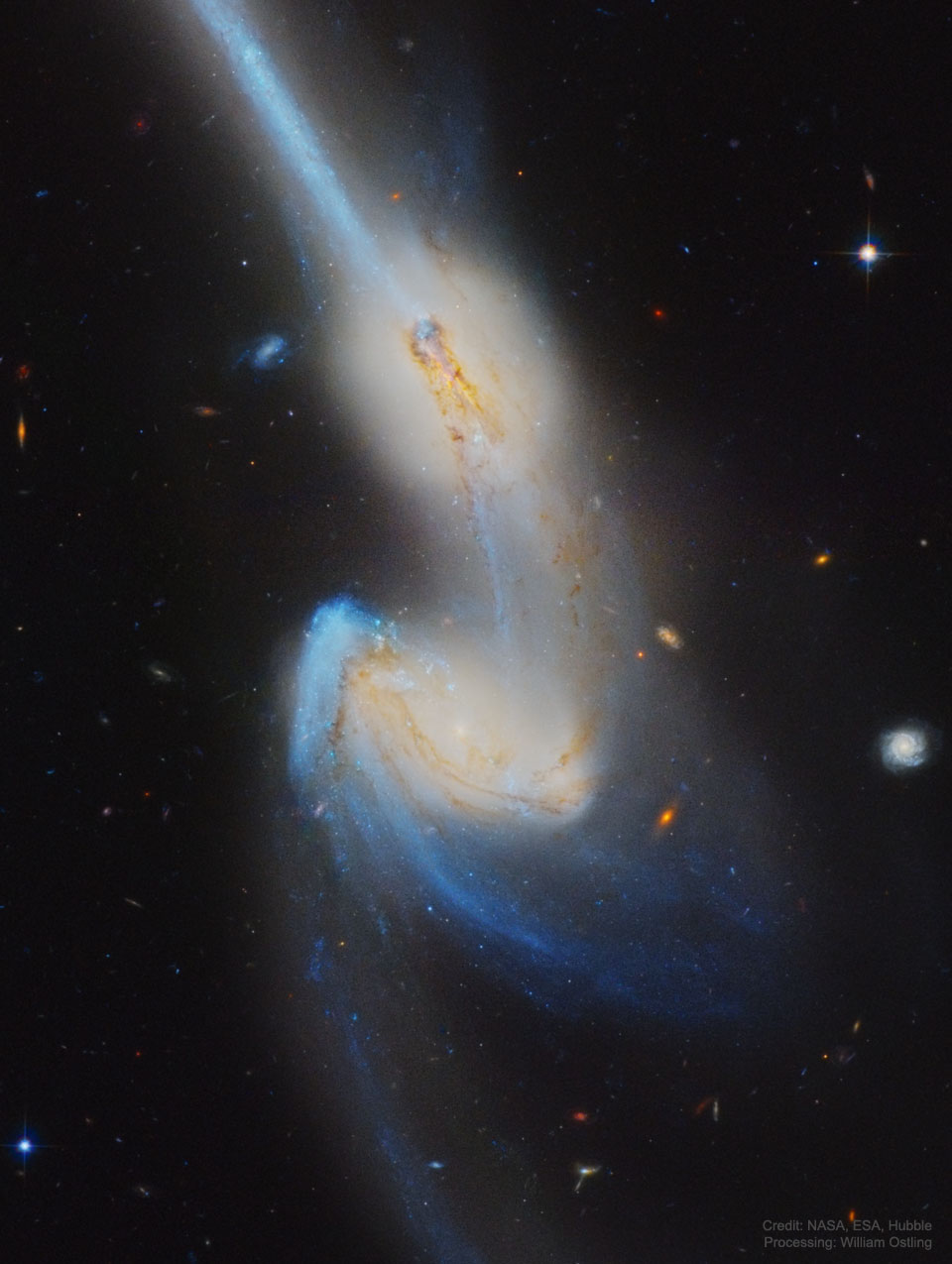 Zdjęcie przedstawia wykonane przez Teleskop Hubble'a zdjęcie zderzających się galaktyk NGC 4676, znanych jako Myszy, dzięki swym długim, gwiezdnym ogonom.
Więcej szczegółowych informacji w opisie poniżej.