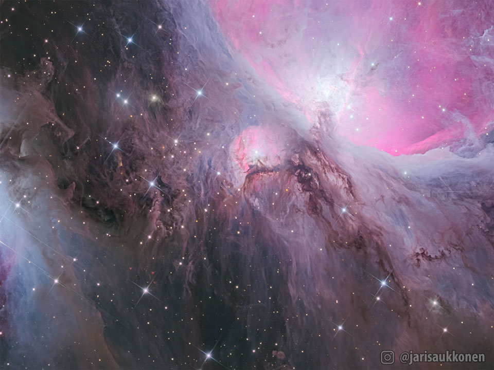 The picture the part of the Orion Nebula known as M43 
in great detail including many find streams of dust.
Please see the explanation for more detailed information.