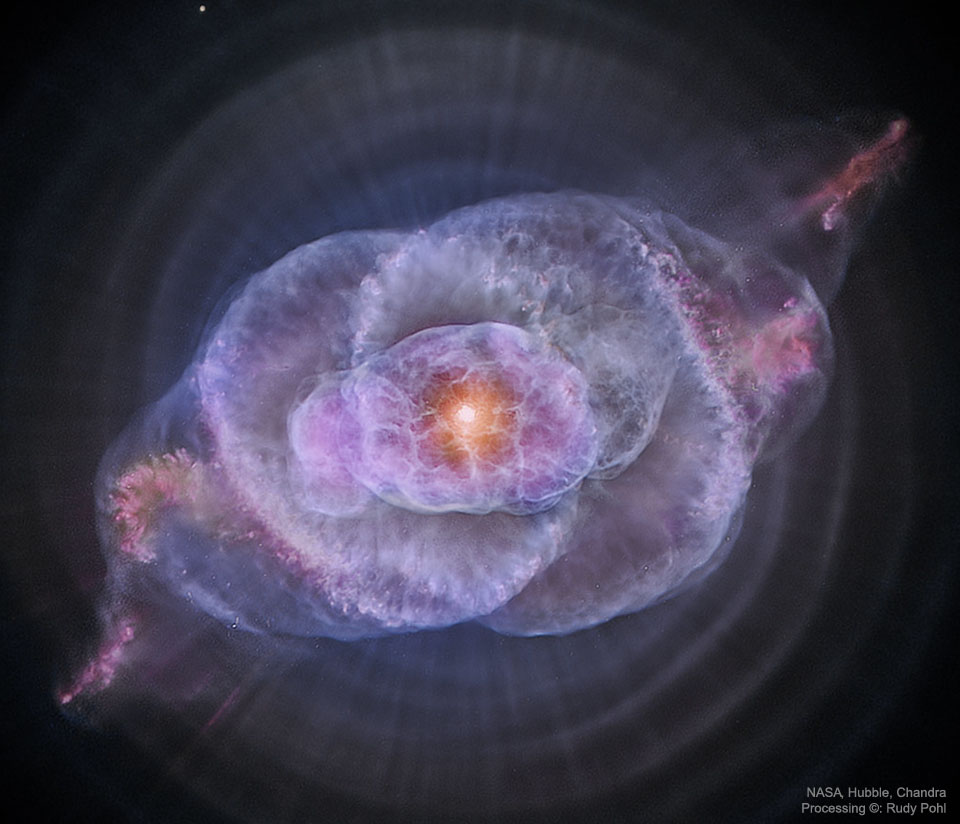 Zdjęcie przedstawia szczegółowe zdjęcie Mgławicy Kocie Oko utworzone ze zdjęć
z Teleskopu Hubble'a i Chandry. Zobacz opis. Po liknięciu zdjęcia
wyświetli obraz o największej dostępnej rozdzielczości.