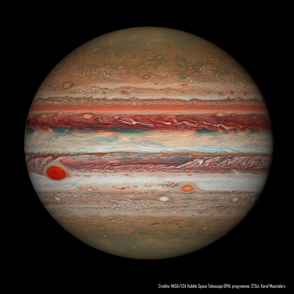 Zdjęcie pokazuje tarczę Jowisza z Wielką Czerwoną Plamą, zarejestrowaną
przez HST w 2016 r. Zobacz opis. Po kliknięciu na obrazek załaduje się wersja
 o największej dostępnej rozdzielczości.