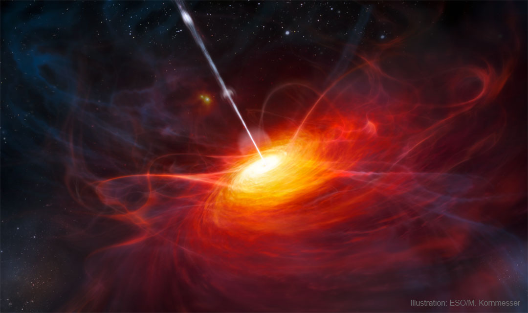 Prezentowany obraz jest ilustracją wczesnego kwazara, ukazującą dysk akrecyjny otaczający masywną, czarną dziurę, z której wydobywa się dżet.
Więcej szczegółowych informacji w opisie poniżej.