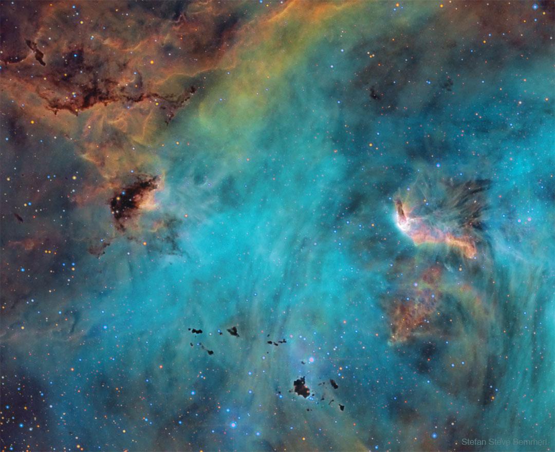 The featured image shows a central region of IC 2944, 
the Running Chicken Nebula. Visible are stars and dense 
clouds that form stars one day. 
Please see the explanation for more detailed information.