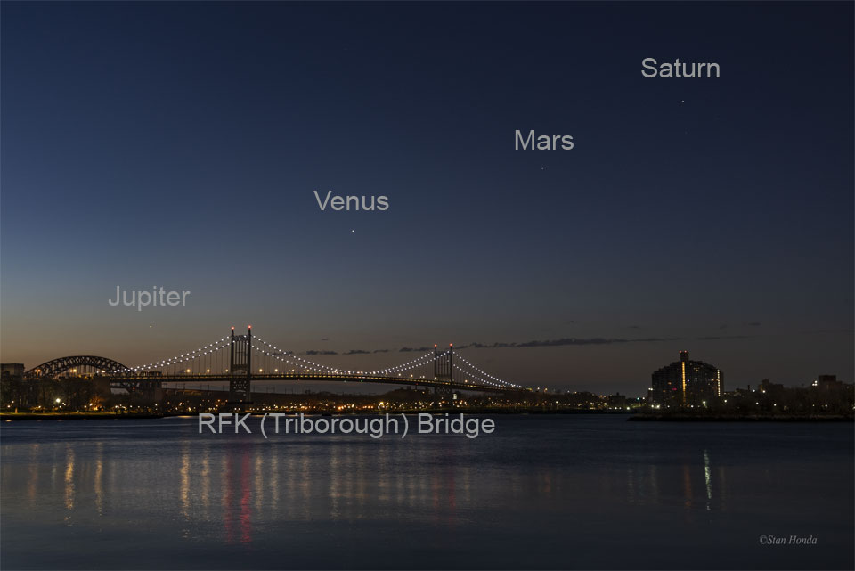 Prezentowane zdjęcie przedstawia cztery planety położone w jednej linii, widoczne za mostem RFK Triborough w Nowym Jorku. Zdjęcie wykonano dwa dni temu, zaraz przed wschodem słońca.
Więcej szczegółowych informacji w opisie poniżej.