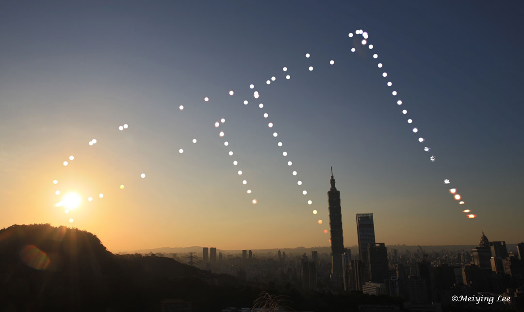 The featured image shows the Sun in many positions as 
it appeared during the late afternoon. In the foreground is
the skyline of the city including Taipei 101, one of the 
tallest buildings in the world. 
Please see the explanation for more detailed information.