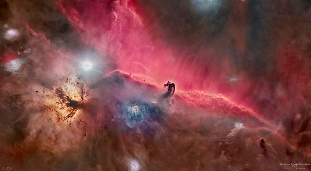 The featured image shows the famous Horsehead nebula
in Orion, a dark dust figure superposed on glowing gas.
Please see the explanation for more detailed information.