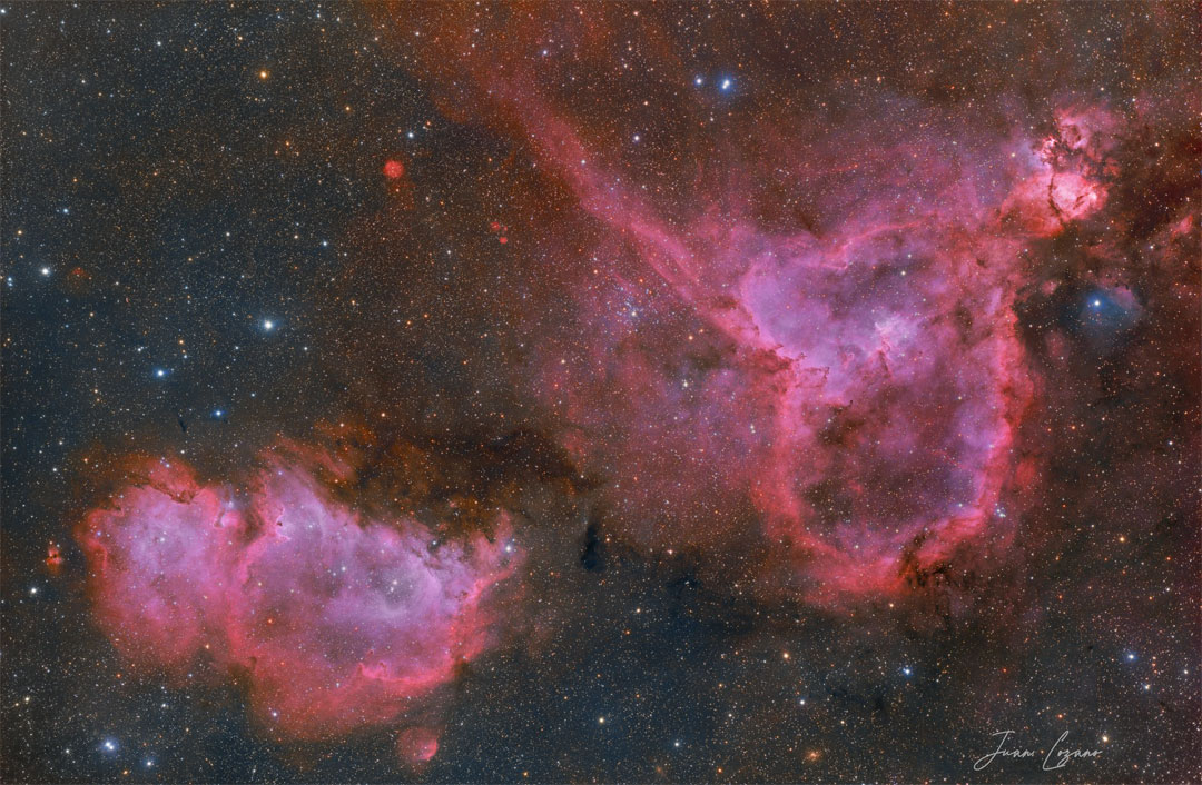Dwie, czerwone mgławice emisyjne widoczne są na tle ciemnego, lecz kolorowego pola gwiazd. Mgławica Dusza znajduje się na dole, po lewej, a Mgławica Serce
u góry, po prawej. Więcej szczegółowych informacji w opisie poniżej.
