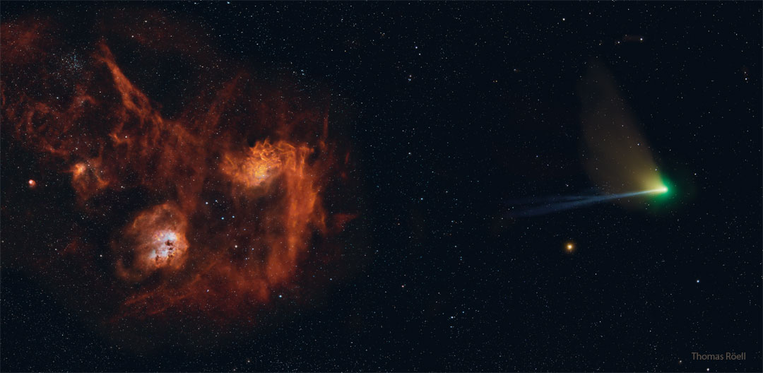 Na zdjęciu widoczne są dwie, czerowne mgławice - w środku oraz daleko z prawej. Całości dopełnia kometa z zieloną głową 
oraz długim, niebieskim warkoczem jonowym, widoczna daleko z prawej. Więcej szczegółowych informacji w opisie poniżej.