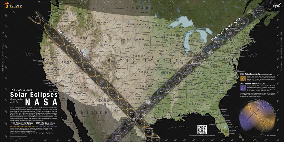 Pokazana jest mapa USA z zaznaczoną drogą największej fazy dwóch zaćmień Słońca. Więcej szczegółowych informacji w opisie poniżej.