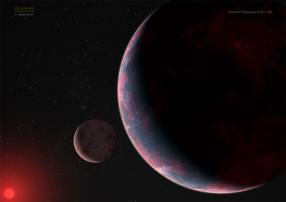 An artist's illustration pictures a cloudy red planet
orbiting a distant red star. Near the exoplanet is a moon.
Więcej szczegółowych informacji w opisie poniżej.