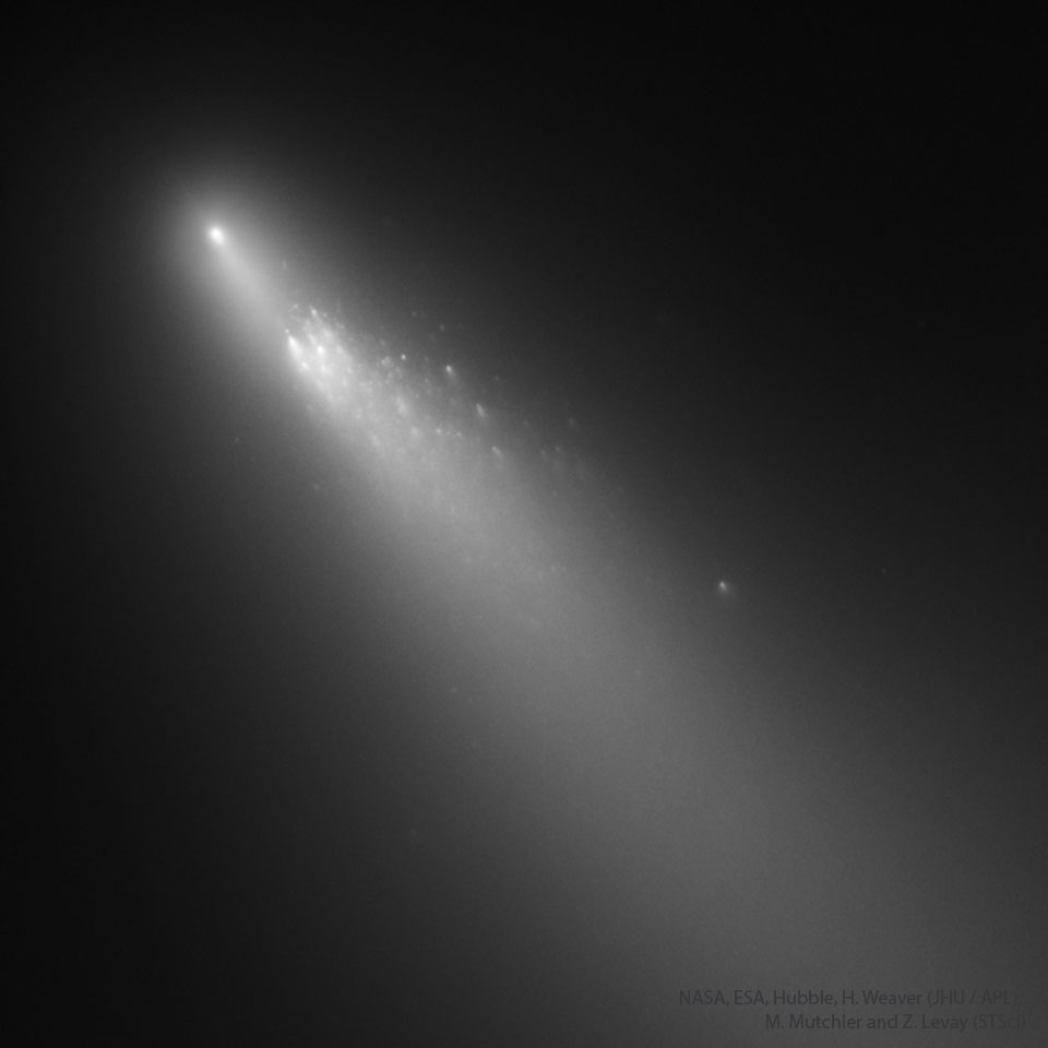 W górnej, lewej części zdjęcia widzimy szarą plamkę komety na tle ciemnego kosmosu. 
Warkocz komety rozpościera się ukośnie w dół i na prawo. 
Główna część komety jest wyraźnie rozbita na wiele mniejszych fragmentów. 
Więcej szczegółowych informacji w opisie poniżej.