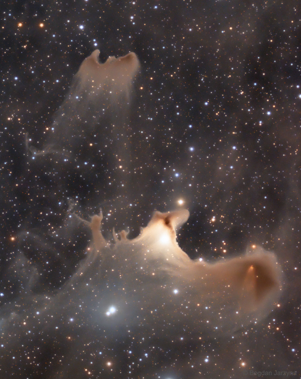 Na ciemnym polu gwiazdowym widocznych jest kilka, brązowych mgławic.
Wiele z nich ma niezwykłe kształty. Jedna wygląda jak nietoperz, a inne mogą przypominać ludzi.
Więcej szczegółowych informacji w opisie poniżej.