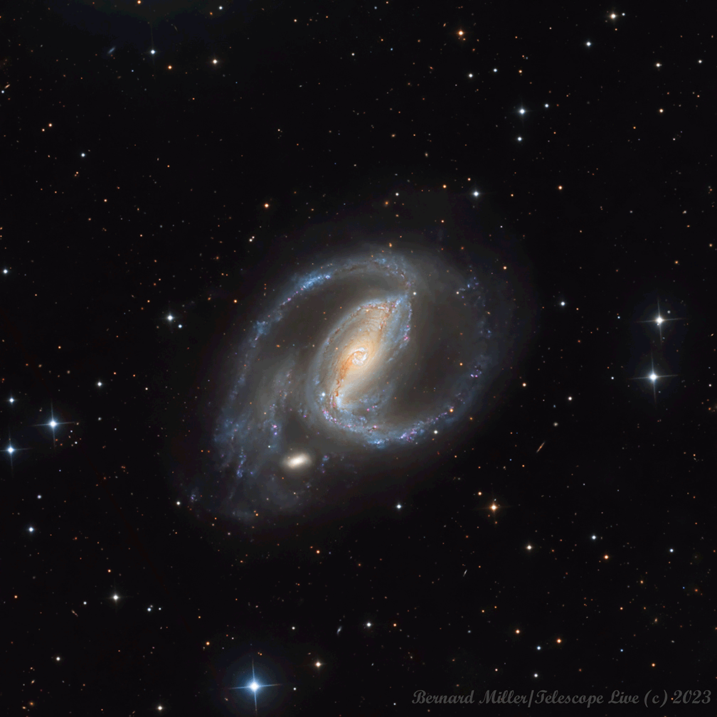 A nearby spiral galaxy is shown in great details: NGC 1097.
However the galaxy is imaged twice, once with a supernova spot
appearing on a lower spiral arm, and once without. The two frames
blink back and forth.
Więcej szczegółowych informacji w opisie poniżej.