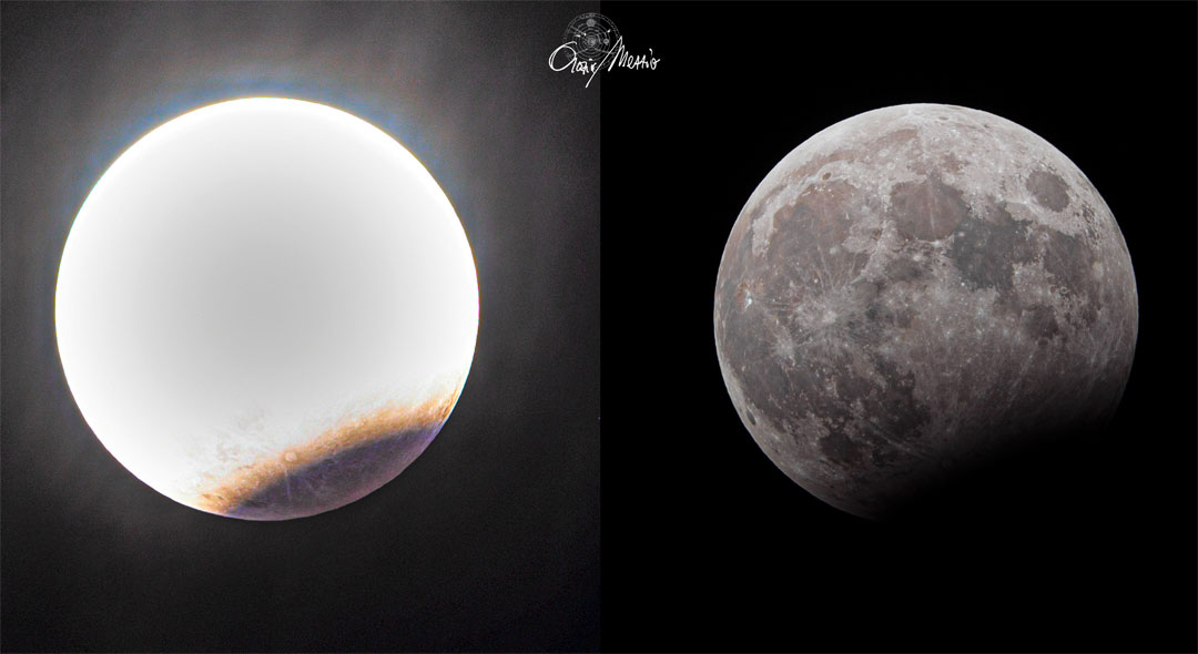 Two images of a partial lunar eclipse are shown. On the left
the image is overexposed everywhere except the bottom right where
the eclipsed part of the Moon is visible. On the right image most
of the image is normally exposed but the bottom right part is dark.
Więcej szczegółowych informacji w opisie poniżej.