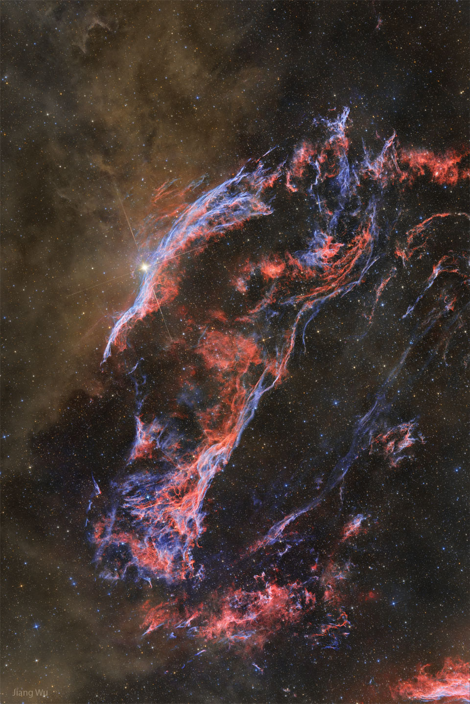 Zachodni brzeg Mgławicy Welon, pozostałości po supernowej, składa się z niebieskich oraz czerwonych
włókien gazu, na lewo od których znajduje się pył, świecący na brązowo.
Więcej szczegółowych informacji w opisie poniżej.