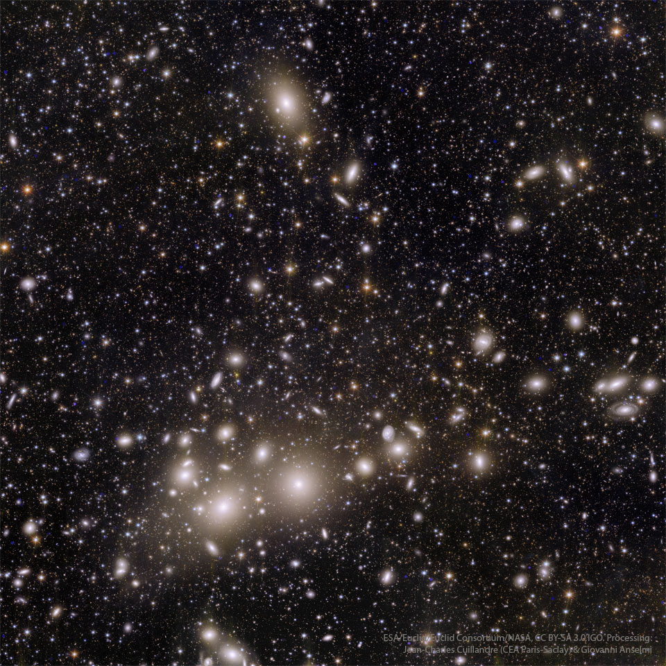 Na głębokim zdjęciu przestreni kosmicznej widać wiele galaktyk, z których niektóre układają się w centralną poprzeczkę, 
przebiegającą niemal horyzontalnie przez zdjęcie. Więcej szczegółowych informacji w opisie poniżej.