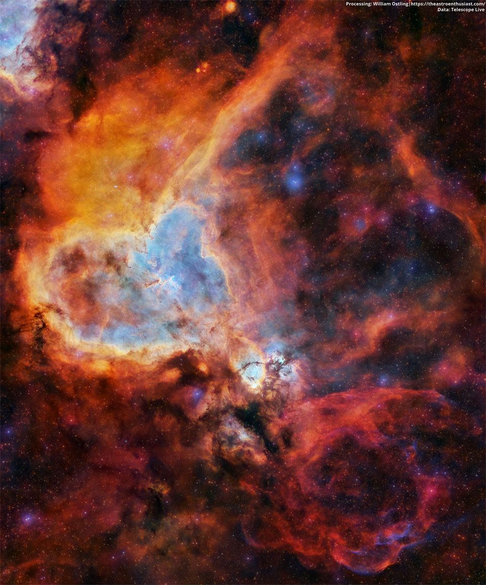A starfield is shown filled with colorful gas glowing
in different colors, and dark dust.
Więcej szczegółowych informacji w opisie poniżej.