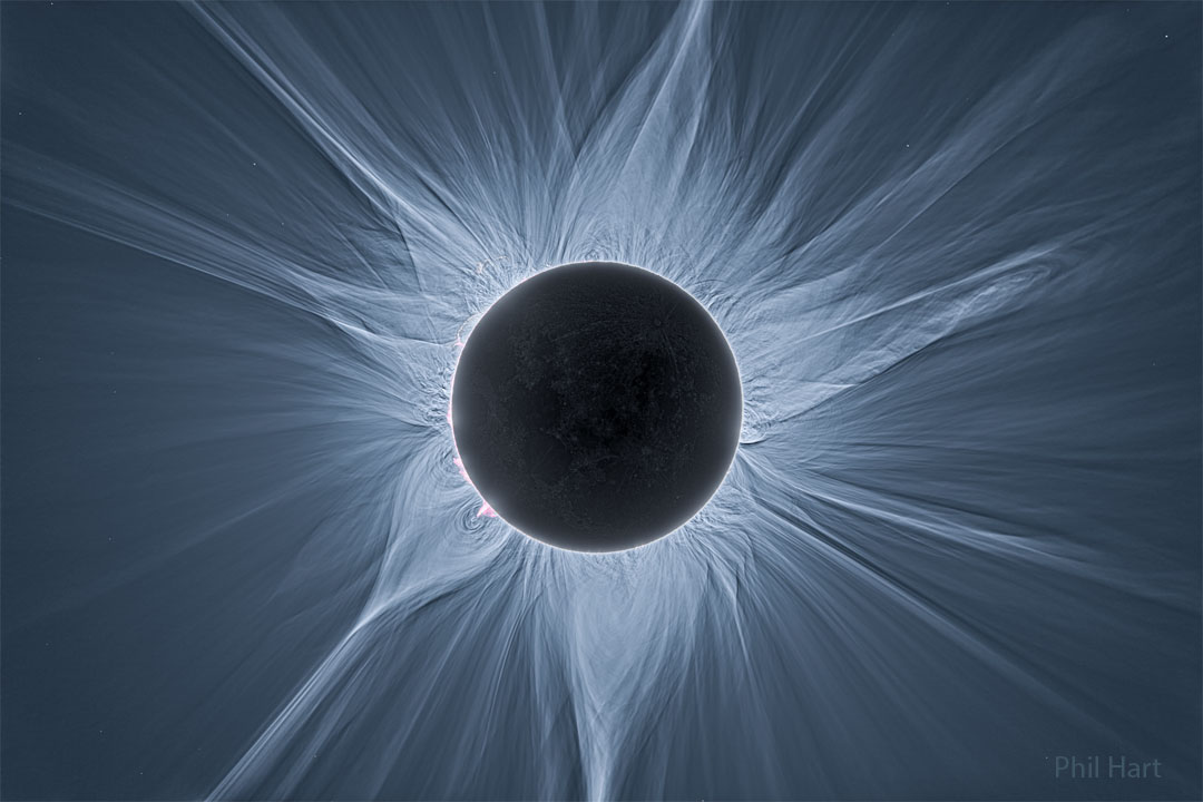 The Sun is shown during a total solar eclipse. Accentuated
is the expansive corona of the Sun, which is shown streaming
out in all directions. 
Więcej szczegółowych informacji w opisie poniżej.
