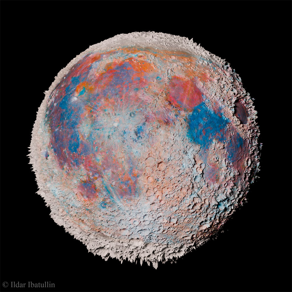 Earth's Moon is shown with the heights of surface
features all greatly exaggerated. Also, the colors of the
Moon have been exaggerated so areas of blue and red are
more easily seen. 
Więcej szczegółowych informacji w opisie poniżej.