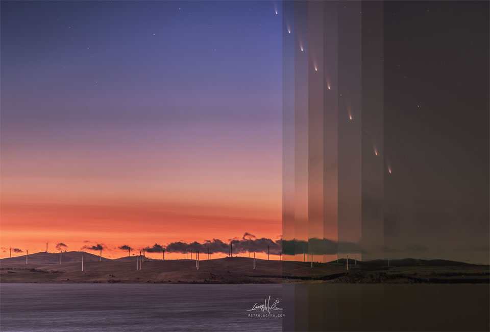 A sunrise sky is shown over water and trees. The horizon
is orange and the top of the image is deep blue. On the far 
right vertical bands are shown becoming progressively darker. 
In each band a comet appears, with the comet appearing 
increasingly near the top of the image on lighter bands.
The main part of the image on the left is the lightest. 
Więcej szczegółowych informacji w opisie poniżej.