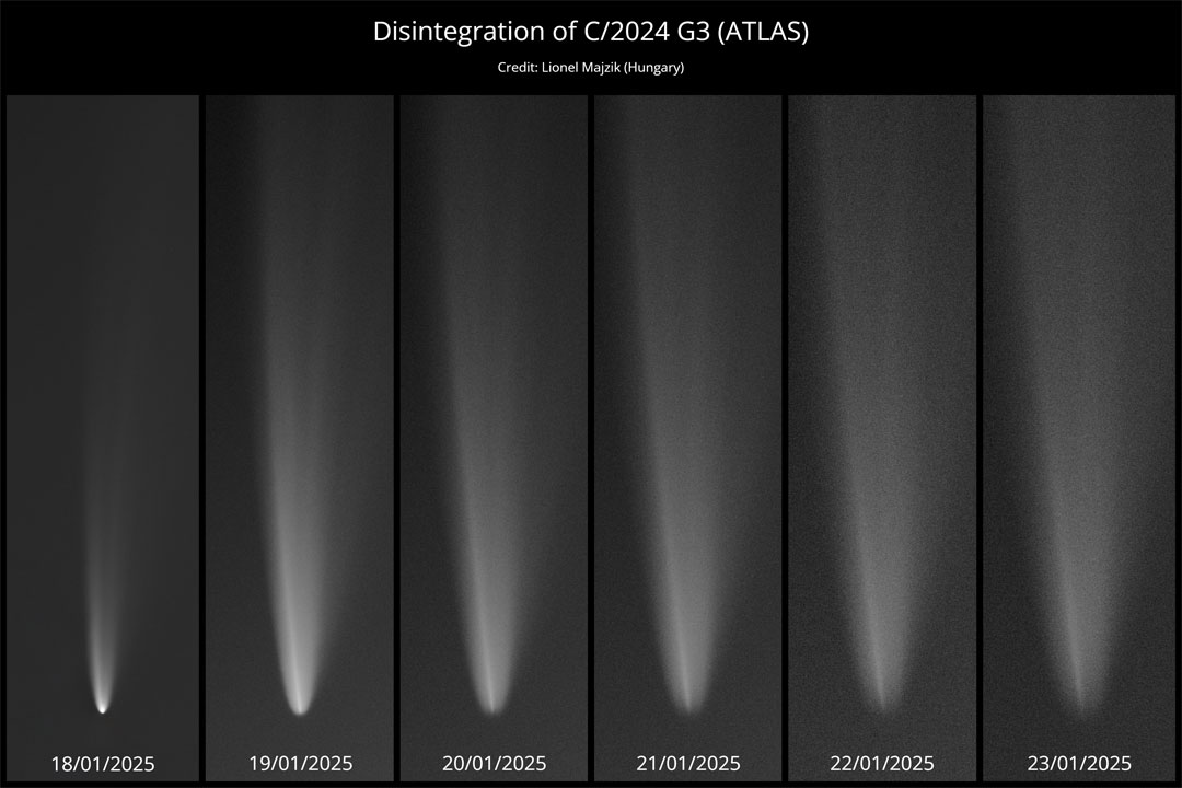 A series of comet images is shown. On the far left the 
image shows Comet G3 ATLAS with a bright central concentration
at its head near the bottom of the frame. By the far right,
this central concentration is nearly gone.  
Więcej szczegółowych informacji w opisie poniżej.