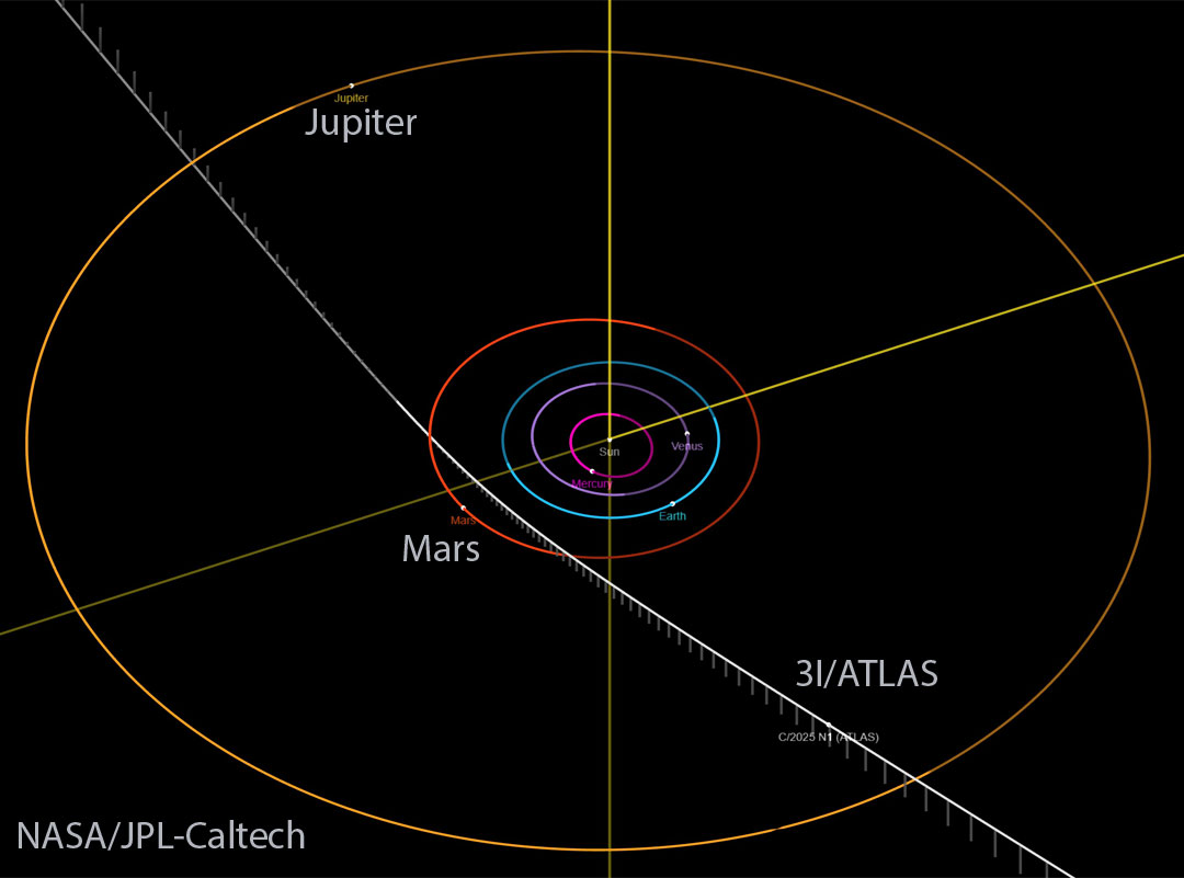 A drawing of our Solar System shows the orbits of 
Jupiter and interior planets. A white line shows the 
trajectory of passing comet 3I/ATLAS.
Więcej szczegółowych informacji w opisie poniżej.