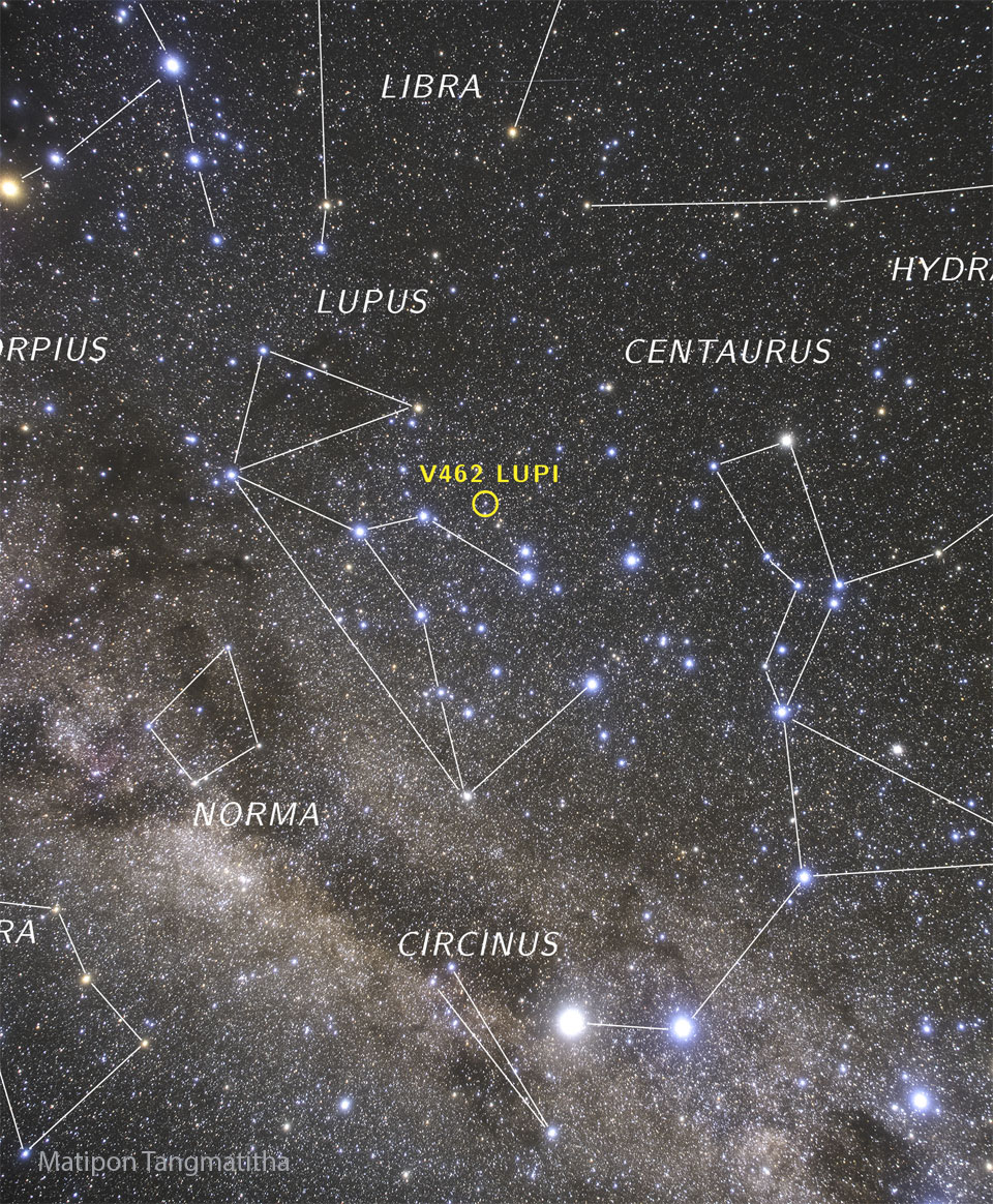 A starfield is shown with constellations annotated. The band
of our Milky Way galaxy runs diagonally from the upper left to the 
lower right. Just above the image center is a faint dot that is
annotated in yellow -- V462 LUPI, a nova that was visible with
the unaided eye last week and is currently still 
visible with binoculars. 
Więcej szczegółowych informacji w opisie poniżej.
