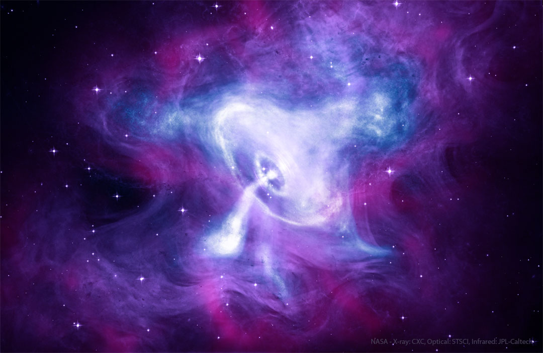 Prezentowane zdjęcie przedstawia centrum Mgławicy Krab w palecie
barw używanej przez teleskopy kosmiczne Hubble'a, Spitzera oraz Chandra. 
Pulsar Kraba widoczny jest w samym środku, otoczony wirującym dyskiem.
Zobacz opis. Po kliknięciu obrazka załaduje się wersja
 o największej dostępnej rozdzielczości.