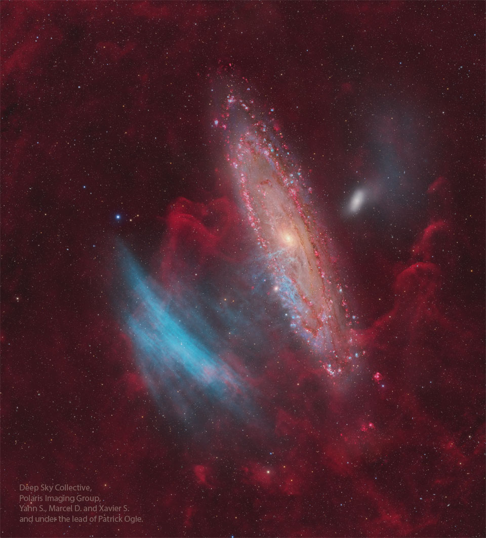 The Andromeda Galaxy is shown just right of center,
while some unusual blue arcs appear to its left. 
Więcej szczegółowych informacji w opisie poniżej.