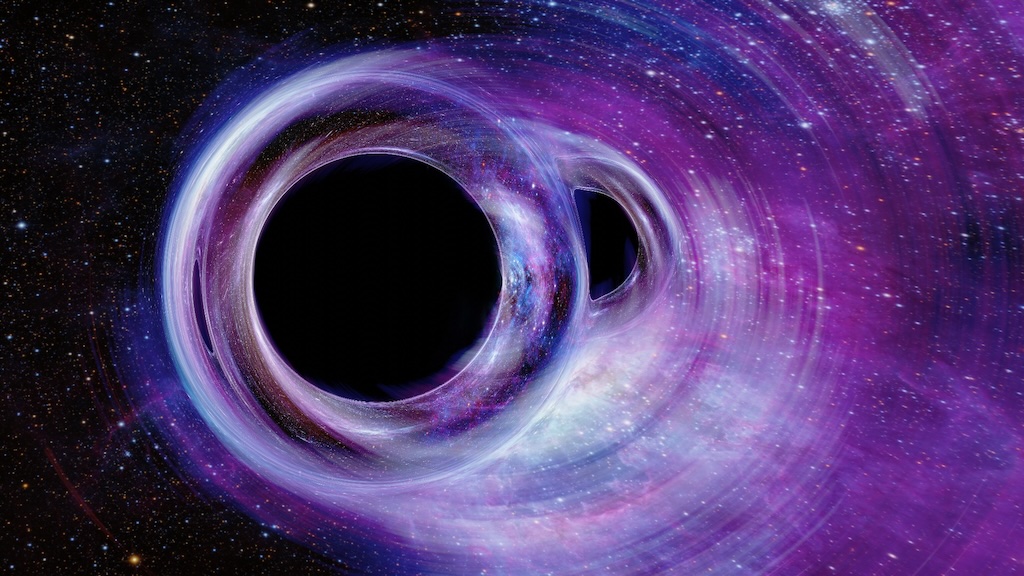 Ilustracja ukazuje układ czarnych dziur bliskich zlania
się ze sobą na tle Mgławicy Tarantula.
Zobacz opis. Po kliknięciu obrazka załaduje się wersja
 o&nbsp;największej dostępnej rozdzielczości.