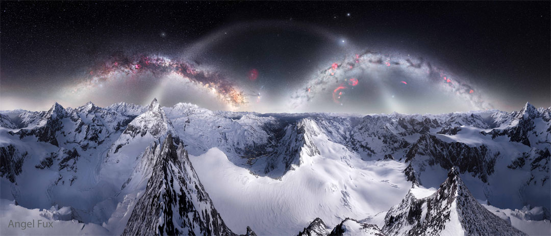A starry sky is seen above snowy mountains. In the
sky three arches are visible, with the Milky Way on either side
and zodiacal light in the center. 
Więcej szczegółowych informacji w opisie poniżej.