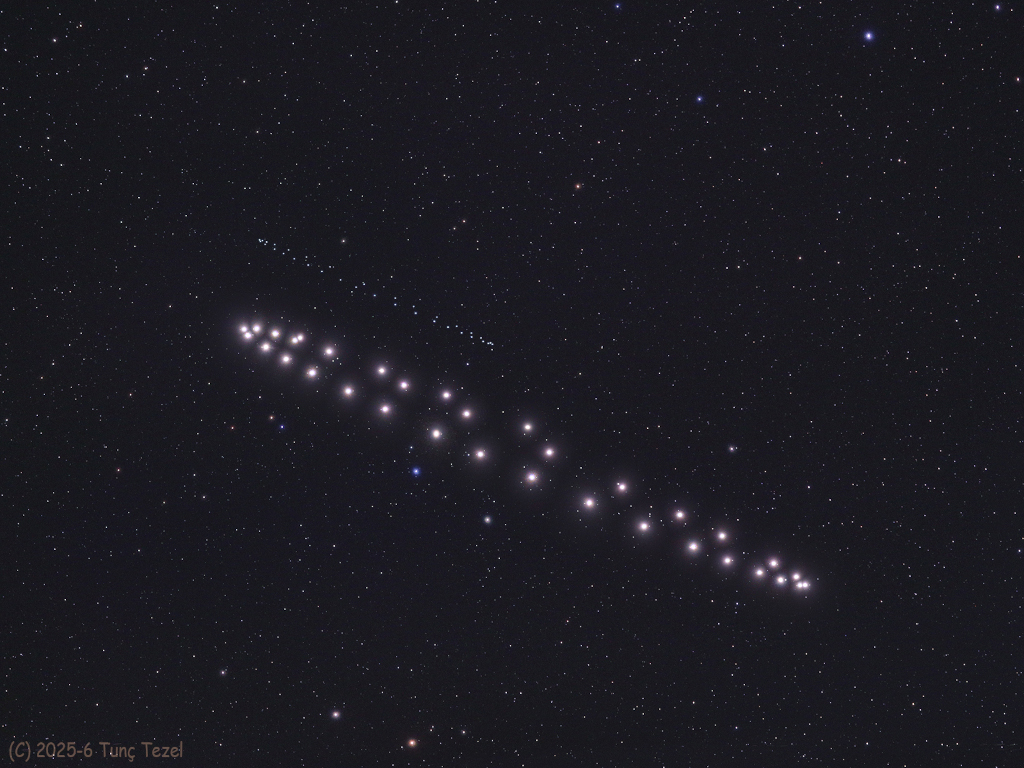 The image shows two parellel rings of bright dots in the night sky. This is a composite image of the positions Saturn and Neptune traced in the sky from May 2025 to January 2026. The brighter ring in the foreground is Saturn, while the dimmer ring in the background is Neptune. Więcej szczegółowych informacji w opisie poniżej.